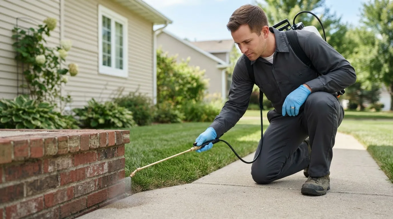 Pest control technician treating a home near Graham, TX